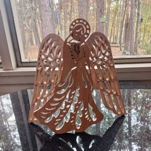 .HAND CRAFTED Wood Art Angel Scroll Saw Tri- Fold Standing Angel